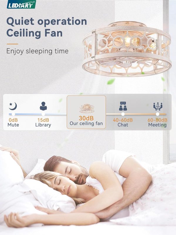 windphoto 16in Caged Low Profile Ceiling Fan Light with Remote White Gold | Flush Mount, Farmhouse, Bladeless Enclosed Fandelier, Small, 6 Speed, Quiet Reversible DC, Bedroom, Kitchen, Living Room,