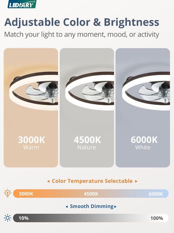 windphoto 20" Low Profile Ceiling Fans with Lights, APP & Remote, Brown | Flush Mount, Dimmable LED, Quiet DC Motor, Reversible, 6 Speeds, Fandelier, for Bedroom