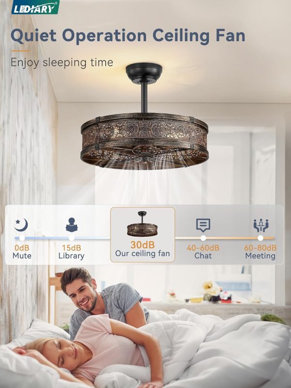 71d6DjmvJIL._AC_SL1500_.jpg windphoto 20" Caged Farmhouse Victorian Ceiling Fan with Light, Black Gold | Downrod, Bladeless Enclosed Fandelier, 6 Speed, Quiet Powerful DC, Rustic,Vintage, Rustic, Small, Bedroom, Kitchen