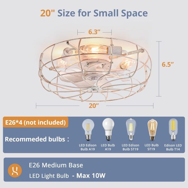 71de8GE84RL._AC_SL1500_.jpg windphoto 20" Caged Farmhouse Ceiling Fans with Lights and Remote/App, White | Flush Mount Bladeless Low Profile, Fandalier Small Rustic, Industrial Enclosed, Quiet & Powerful for Bedroom, Kitchen, Indoor