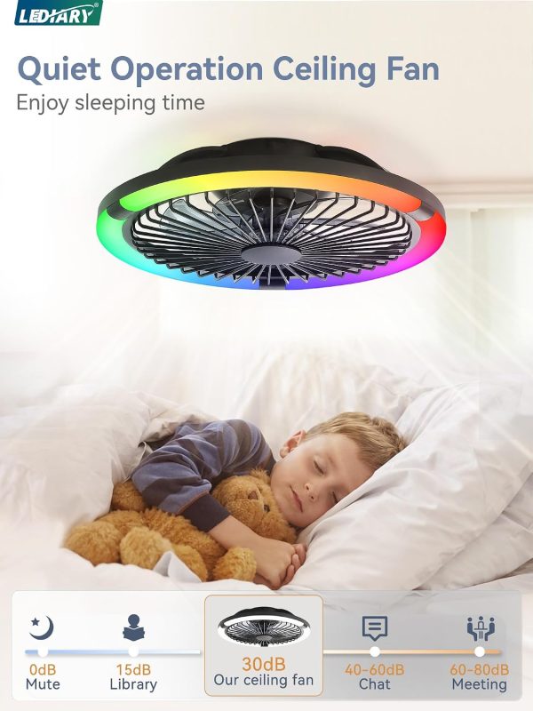 71diks-kkwL._AC_SL1500_.jpg windphoto 20" Low Profile Bladeless Ceiling Fan with RGB, Remote&APP, White | Flush Mount, 6 Speed Adjustable, 3000-6000K Dimmable LED, Modern Enclosed Fandelier with Timming, Bedroom, Kids Room