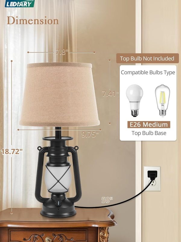 windphoto 18.72" Blow-Controlled LED Lantern Flickering Flame Table Lamps for Bedrooms Set of 2, Small Farmhouse Rustic Black End Table Lamps, Halloween Decorative Lantern Bedside Lamps for Living Room