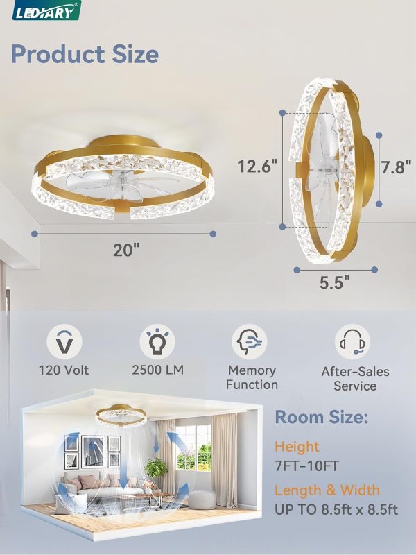 windphoto 2-Pack 20" Ceiling Fans with Lights, APP & Remote, Gold | Low Profile, Flush Mount, Fandelier, 3000K-6000K, Dimmable LED, for Bedroom