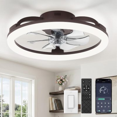 windphoto 20" Ceiling Fans with Lights and Remote for Bedroom, Brown | Low Profile Fan Light, 3000K-6000K Stepless Dimmable Fandelier, 6 Speed, Reversible DC Motor, APP & Remote Control, Low Noice
