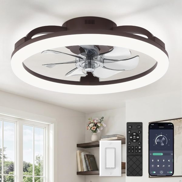 windphoto 20" Ceiling Fans with Lights and Remote for Bedroom, Brown | Low Profile Fan Light, 3000K-6000K Stepless Dimmable Fandelier, 6 Speed, Reversible DC Motor, APP & Remote Control, Low Noice