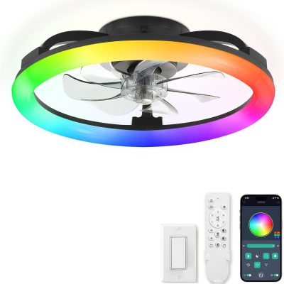 71e5YrJK26L._AC_SL1500_.jpg windphoto RGB Low Profile Ceiling Fans with Lights and Remote, 20 Inch Dimmable Modern Fan Light(3000K-6000K), 6 Speed, Reversible, APP & Remote Control, Flush Mount Ceiling Fan for Bedroom, Black