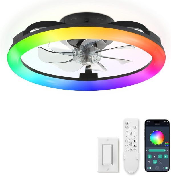 71e5YrJK26L._AC_SL1500_.jpg windphoto RGB Low Profile Ceiling Fans with Lights and Remote, 20 Inch Dimmable Modern Fan Light(3000K-6000K), 6 Speed, Reversible, APP & Remote Control, Flush Mount Ceiling Fan for Bedroom, Black