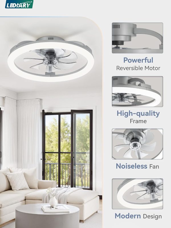 windphoto 20" Ceiling Fans with Lights and Remote for Bedroom, Grey | Low Profile Fan Light, 3000K-6000K Stepless Dimmable Fandelier, 6 Speed, Reversible DC Motor, APP & Remote Control, Low Noice