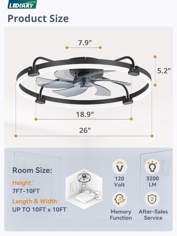 windphoto 26" Ceiling Fans with Lights and Remote, Low Profile Led Fan Light | Flush Mount, Stepless Dimmable Fandelier, 6 Speeds, 3 CCT, Quiet Reversible DC Motor, 2H Timer, Bedroom, Living Room, Black