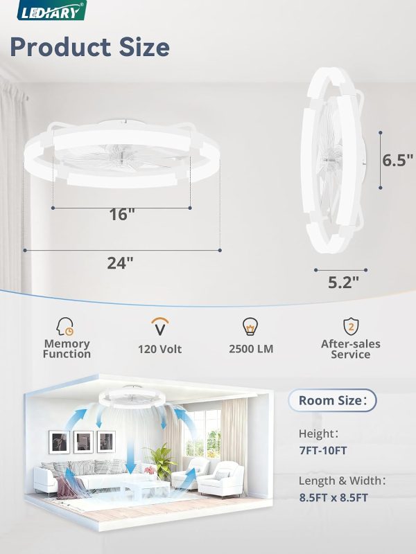 windphoto 24" Ceiling Fans with Lights, Low Profile Fandelier for Bedroom | Flush Mount Fan Light, Stepless Dimmable, App/Remote Control, 3 CCT Led, 6 Speeds, Quiet Reversible DC Motor, White