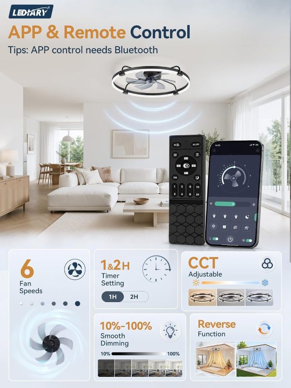 windphoto 30" Low Profile Ceiling Fans with Lights, Remote/APP Control, Black | Wider Airflow, Stepless Dimmable LED, Quiet Reversible DC Motor, 6 Speeds, 3CCT, Timer, Bedroom, Living Room, Kitchen