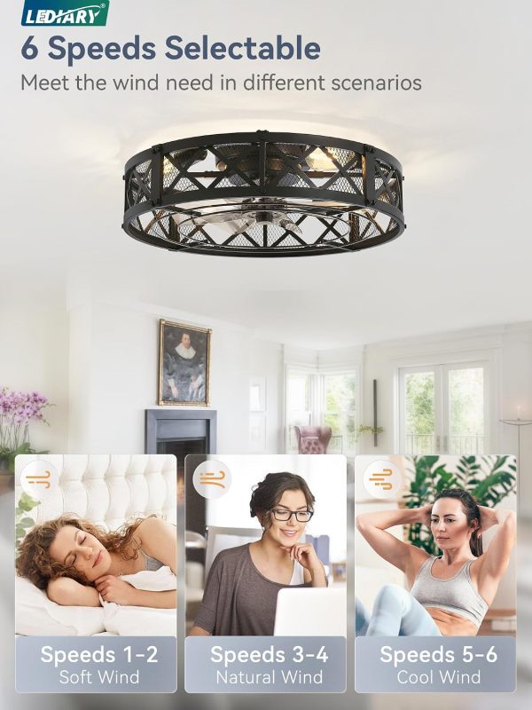 windphoto 23" Caged Farmhouse Ceiling Fan with Light, Flush Mount, Black | Remote&APP Control, Large Low Profile, Rustic Fandaliers, Industrial Bladeless Enclosed, Powerful Motor for Bedroom, Kitchen