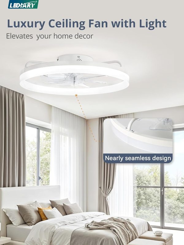 windphoto 20" Low Profile Ceiling Fans with Lights, APP & Remote, White | Flush Mount, Dimmable LED, Quiet DC Motor, Reversible, 6 Speeds, Fandelier, for Bedroom