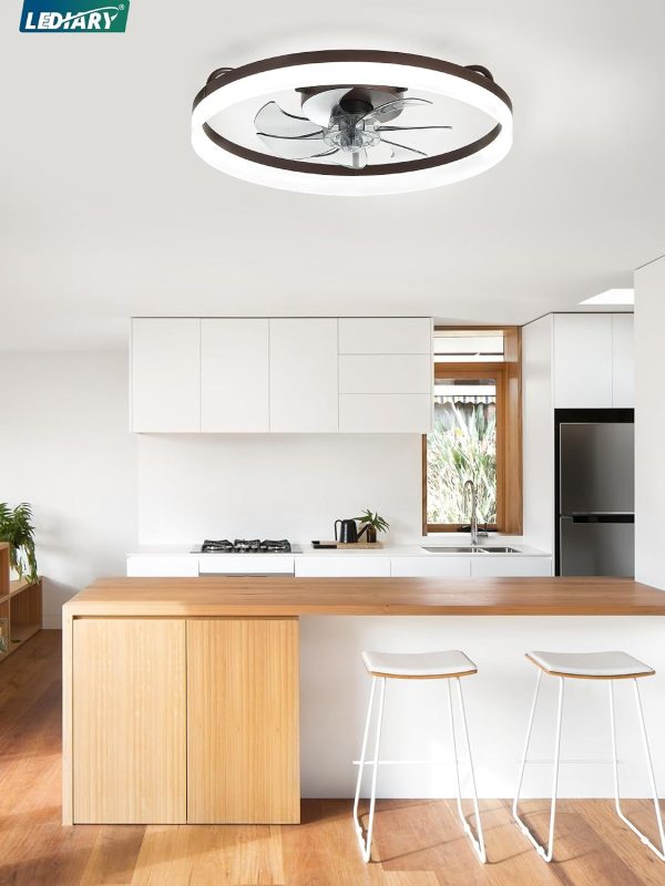 windphoto 20" Low Profile Ceiling Fans with Lights, APP & Remote, Brown | Flush Mount, Dimmable LED, Quiet DC Motor, Reversible, 6 Speeds, Fandelier, for Bedroom