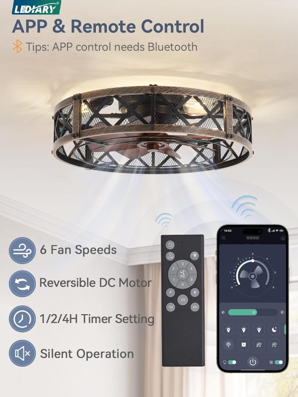 71f3JJpHP-L._AC_SL1500_.jpg windphoto 23" Caged Farmhouse Ceiling Fan with Light, Flush Mount, Black Gold | Remote&APP Control, Large Low Profile, Rustic Fandaliers, Industrial Bladeless Enclosed, Powerful Motor for Bedroom, Kitchen