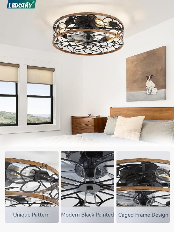 71fF8r20kBL._AC_SL1500_.jpg windphoto 20" Caged Ceiling Fan with Light, Flush Mount Fandalier with Remote | Low Profile, Farmhouse Small, Bladeless Industrial, Quiet DC Motor, App Control for Bedroom, Kitchen, Dining Room, Walnut