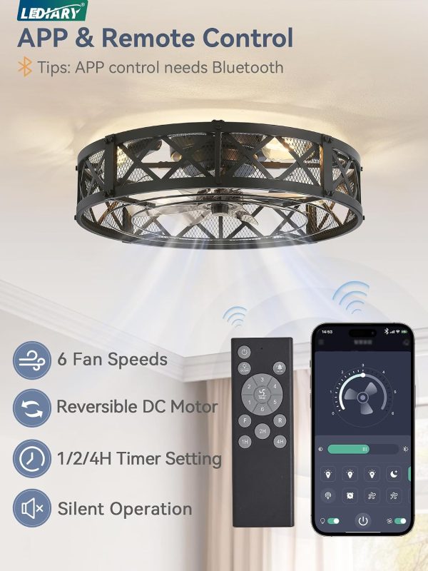 windphoto 23" Caged Farmhouse Ceiling Fan with Light, Flush Mount, Black | Remote&APP Control, Large Low Profile, Rustic Fandaliers, Industrial Bladeless Enclosed, Powerful Motor for Bedroom, Kitchen