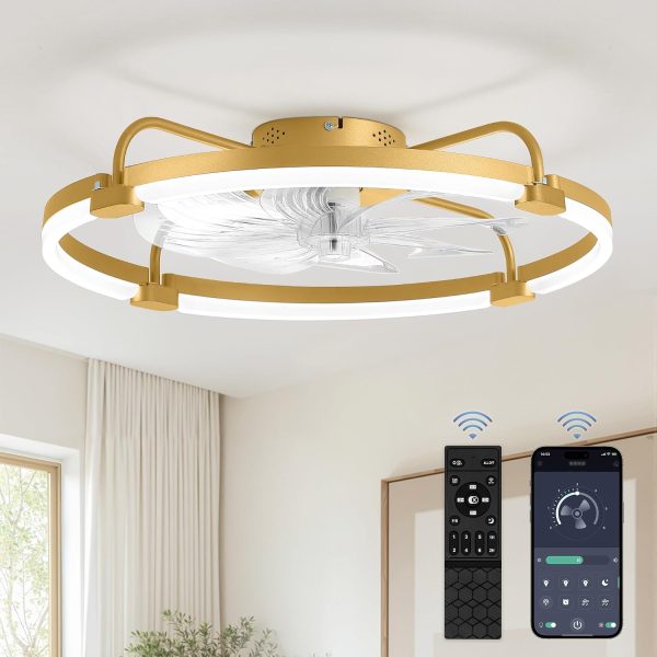 windphoto 24" Ceiling Fans with Lights and Remote, Low Profile Led Fan Light | Flush Mount, Stepless Dimmable Fandelier, 6 Speeds, 3 CCT, Quiet Reversible DC Motor, 2H Timer, Bedroom, Living Room, Gold