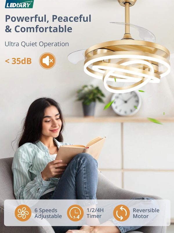 windphoto 42 Inch Retractable Ceiling Fan with Lights, Modern Gold Fandelier | 6 Speeds, 3000K-6000K Adjustable, DC Motor, Chandelier Ceiling Fans with Lights and Remote for Bedroom Living Room