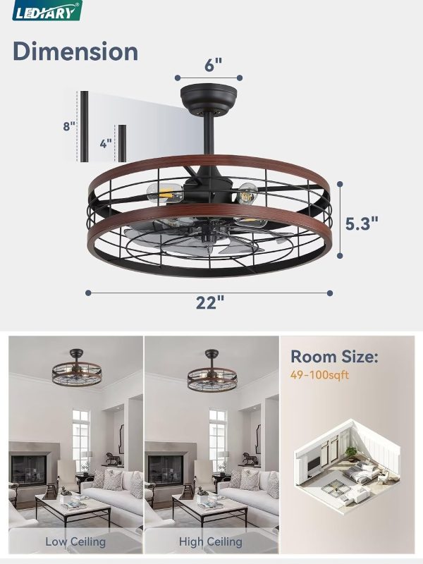 71ftty144rL._AC_SL1500_.jpg windphoto 22 inch Caged Fandelier Ceiling Fan Light with Remote, Walnut | 6 Speed Adjustable,Timing, Quiet & Powerful DC, Small, Farmhouse, Industrial, Enclosed, Bladeless, Bedroom, Kitchen, Downrod