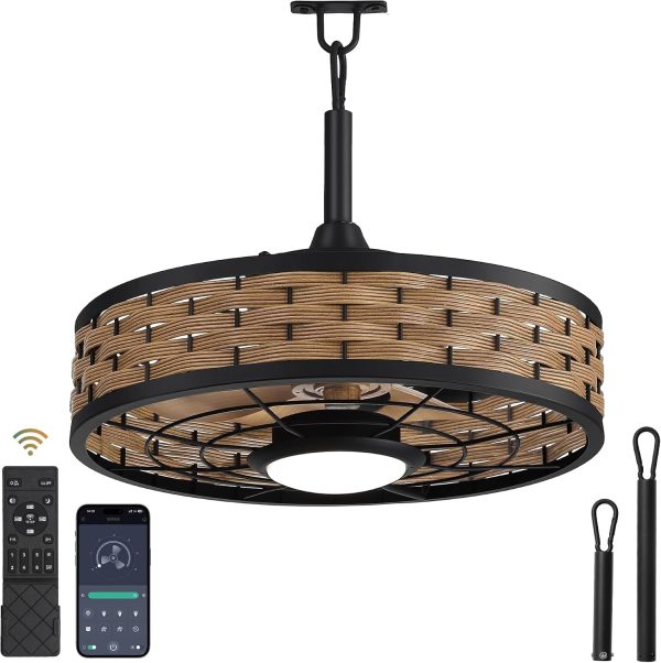 windphoto 20" Light Brown IP65 Waterproof Outdoor Ceiling Fan with Light | No Assembling,Remote&APP Control,3CCT Dimmable,6-Speeds,Boho Rattan, for Gazebo,Patio,Porch