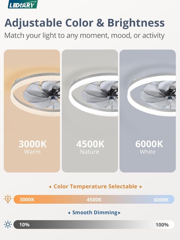 windphoto 23" Low Profile Ceiling Fans with Lights, APP & Remote, Grey | Flush Mount, Dimmable LED, Quiet DC Motor, Reversible, 6 Speeds, Fandelier, for Bedroom