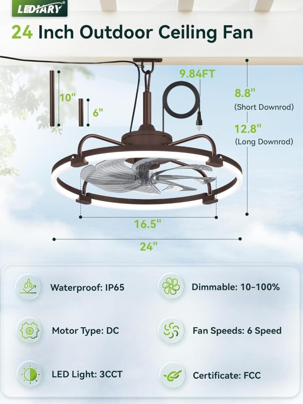 windphoto 24" Waterproof Brown Outdoor Ceiling Fan with Light for Gazebo | IP65 Wet Rated,APP Control,6-Speeds,3CCT Dimmable,Reverse DC Motor,Suitable for 12' x 14' Area,Plug In for Patio,Porch