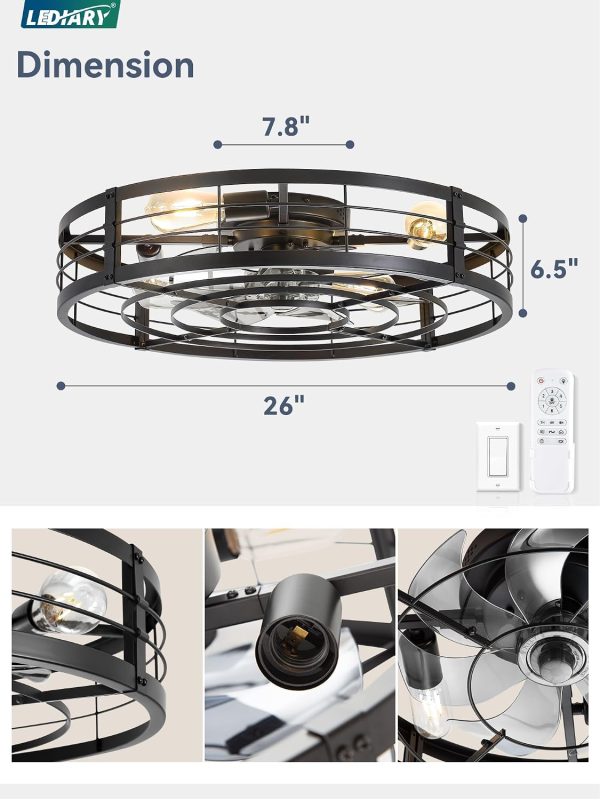 windphoto 26" Black Caged Low Profile Ceiling Fan with Light and Remote | Flush Mount, Bladeless Enclosed Fandelier, 6 Speed, Quiet Powerful DC, Rustic,Farmhouse, Large, Bedroom, Kitchen, Indoor
