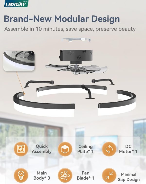 windphoto 23" Low Profile Ceiling Fans with Lights, APP & Remote, Black | Flush Mount, Dimmable LED, Quiet DC Motor, Reversible, 6 Speeds, Fandelier, for Bedroom