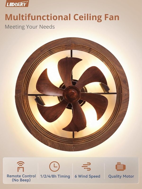 windphoto 23" Caged Low Profile Enclosed Ceiling Fan Light with Remote | Flush Mount, Bladeless Enclosed Fandelier, 6 Speed, Quiet Reversible DC, Rustic, Victorian, Rustic, Bedroom, Kitchen