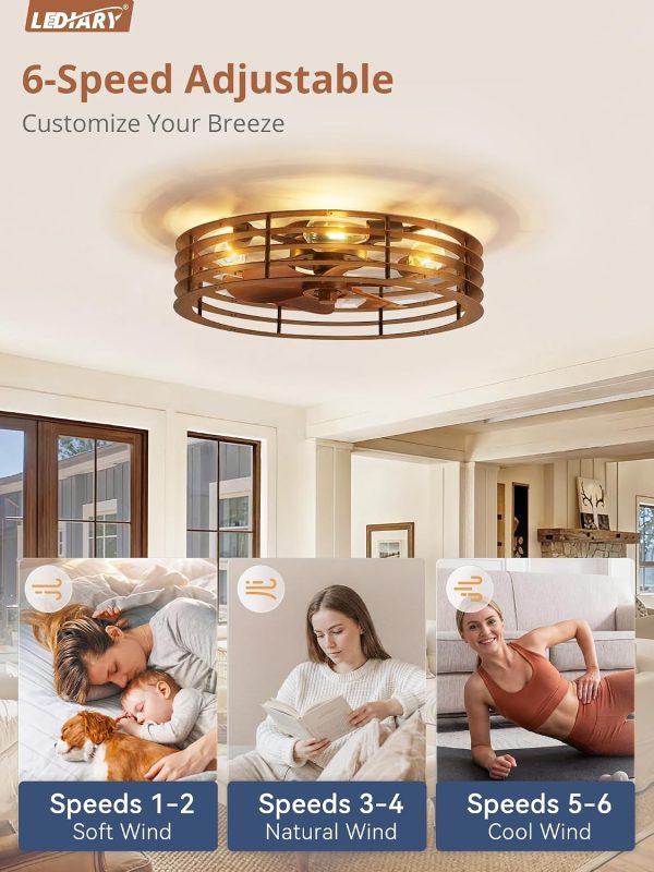 windphoto 23" Caged Low Profile Enclosed Ceiling Fan Light with Remote | Flush Mount, Bladeless Enclosed Fandelier, 6 Speed, Quiet Reversible DC, Rustic, Victorian, Rustic, Bedroom, Kitchen