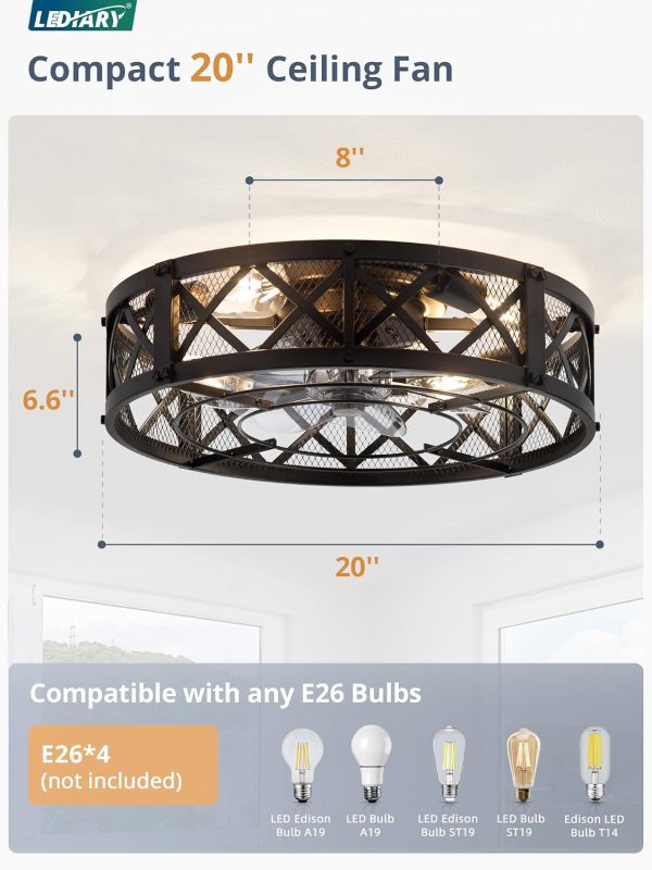 windphoto 20" Caged Farmhouse Ceiling Fan with Light, Flush Mount, Black | Remote&APP Control, Small Low Profile, Rustic Fandaliers, Industrial Bladeless Enclosed, Powerful Motor for Bedroom, Kitchen