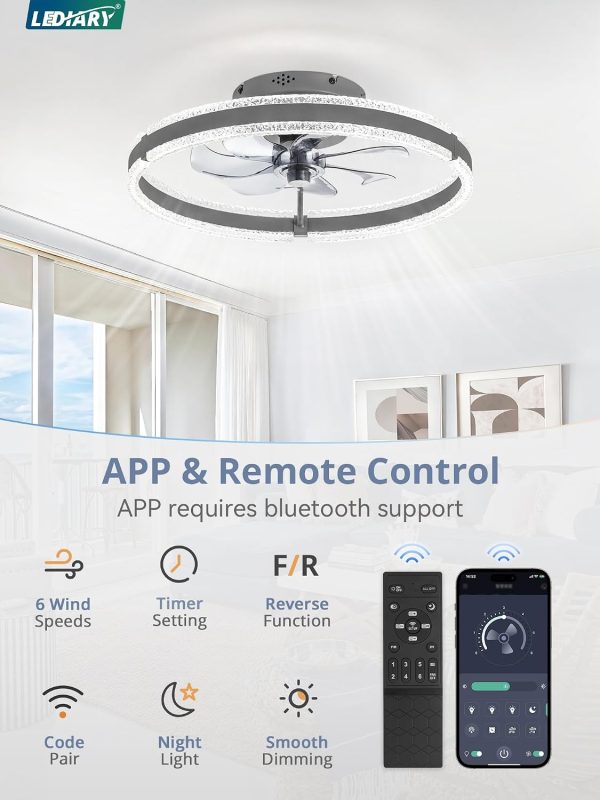 windphoto Ceiling Fans with Lights and Remote, 20'' Low Profile Ceiling Fan with Light, 3000-6000K Dimmable Fandelier Ceiling Fans, Modern Flush Mount Fan Light for Bedroom with 6 Wind Speeds-Sandy Gray | 3000-6000K Dimmable LED, 6 Wind Speeds, Quiet Reversible DC Motor, Small Flush Mount Fandelier for Bedroom, Living Room