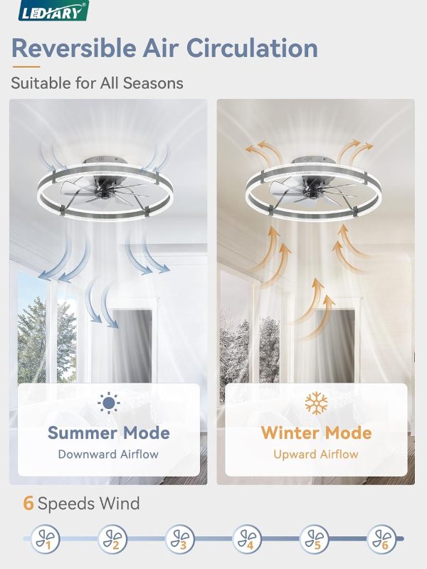 windphoto 24'' Modern Low Profile Ceiling Fans with Lights and Remote, Gray | 3000-6000K Dimmable LED, 6 Wind Speeds, Quiet Reversible DC Motor, Small Flush Mount Fandelier for Bedroom, Living Room