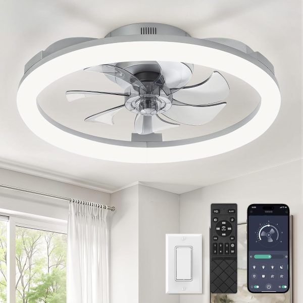 windphoto 20" Ceiling Fans with Lights and Remote for Bedroom, Grey | Low Profile Fan Light, 3000K-6000K Stepless Dimmable Fandelier, 6 Speed, Reversible DC Motor, APP & Remote Control, Low Noice