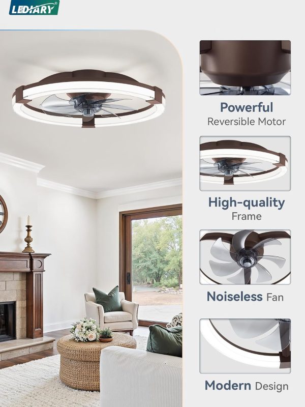 windphoto Ceiling Fan with Light 20" Low Profile Fandelier with Remote Brown | 6 Speeds, Reversible, Dimmable Flush Mount Fan Light, Modern Ceiling Fan with Lights for Bedroom Bladeless