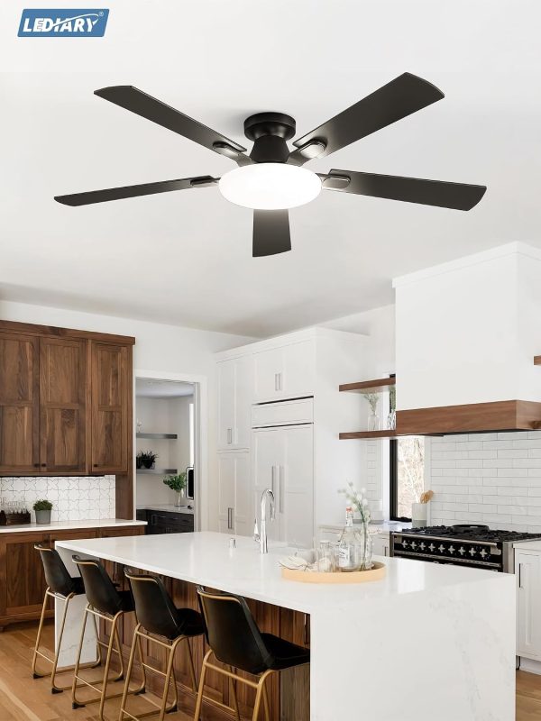 windphoto 52 Inch Flush Mount Ceiling Fans with Lights, Remote & APP Control | Bright Light, 3CCT, Memory Function, Timer, Reversible Blade, Quiet DC Motor, Damp-Rated, Living Room, Bedroom, Covered Patio