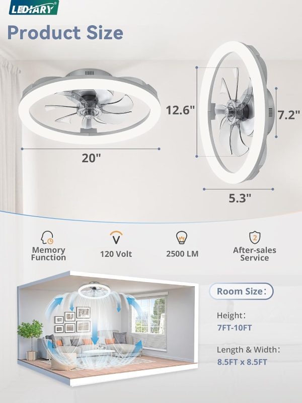 windphoto 20" Ceiling Fans with Lights and Remote for Bedroom, Grey | Low Profile Fan Light, 3000K-6000K Stepless Dimmable Fandelier, 6 Speed, Reversible DC Motor, APP & Remote Control, Low Noice