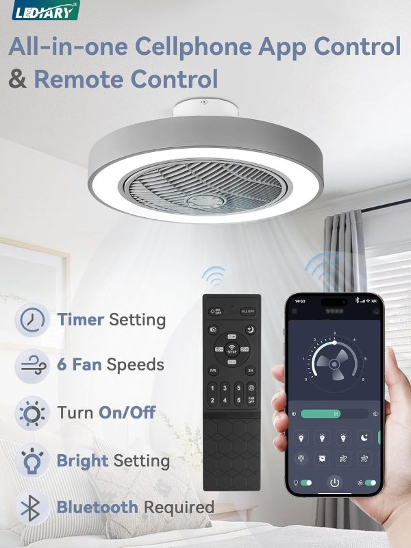 windphoto 22in Bladeless Enclosed LED Ceiling Fan Light with Remote, Grey | Flush Mount, Modern, 6 Speed Adjustable, 3000-6000K Dimmable, 3000LM, Indoor Bedroom Living Room, Remote/APP Control