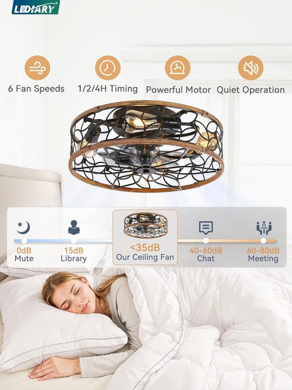 71itZuEukbL._AC_SL1500_.jpg windphoto Caged Ceiling Fan with Light, Flush Mount Fandalier with Remote | Low Profile, Farmhouse Small, Bladeless Industrial, Quiet DC Motor, App Control for Bedroom, Kitchen, Dining Room, Walnut