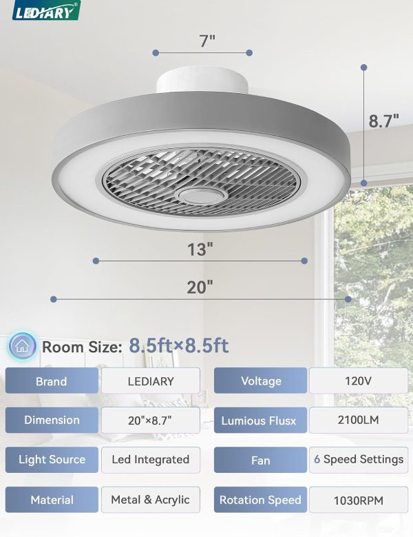 71j-bY9pVxL._AC_SL1500_.jpg windphoto 20 Inch Low Profile Bladeless LED Ceiling Fan Light, Grey RGB | Flush Mount, Modern, 6 Speed Adjustable, 3000-6000K Dimmable, 3000LM, Indoor Bedroom Living Room, Remote/APP Control