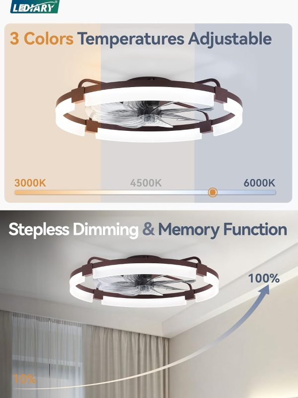 windphoto 24" Ceiling Fans with Lights, Low Profile Fandelier for Bedroom | Flush Mount Fan Light, Stepless Dimmable, App/Remote Control, 3 CCT Led, 6 Speeds, Quiet Reversible DC Motor, Brown