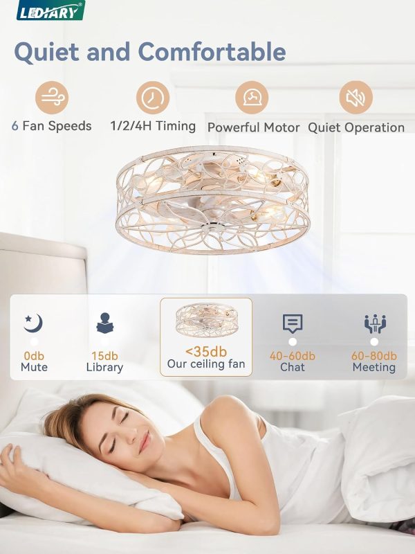 71j5llpQC2L._AC_SL1500_.jpg windphoto 20" Caged Ceiling Fan with Light, Flush Mount Fandalier with Remote | Low Profile, Farmhouse Small, Bladeless Industrial, Quiet DC Motor, App Control for Bedroom, Kitchen, Dining Room, White Gold