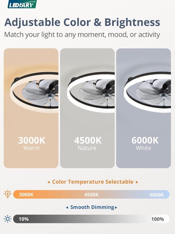 windphoto 23" Low Profile Ceiling Fans with Lights, APP & Remote, Black | Flush Mount, Dimmable LED, Quiet DC Motor, Reversible, 6 Speeds, Fandelier, for Bedroom