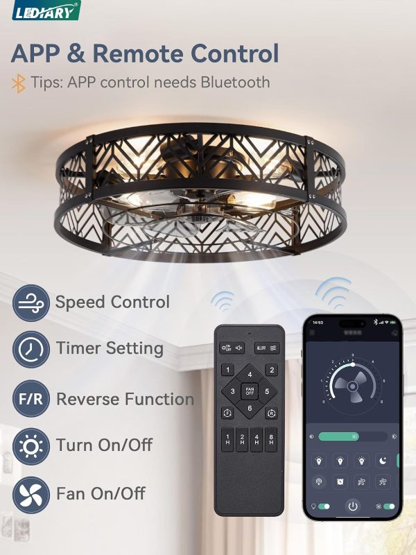 71jb9I118L._AC_SL1500_.jpg windphoto 23" Caged Ceiling Fan with Light and Remote, Large Fandalier, Black | Flush Mount Low Profile, APP Control, Bladeless Industrial Enclosed, Quiet & Powerful for Bedroom, Kitchen, Dining Room