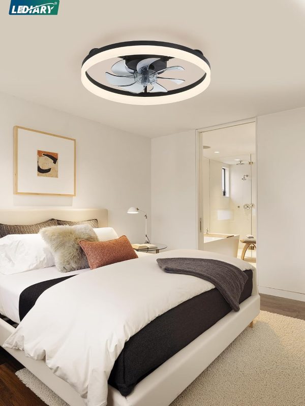 windphoto 20" Low Profile Ceiling Fans with Lights, APP & Remote, Black | Flush Mount, Dimmable LED, Quiet DC Motor, Reversible, 6 Speeds, Fandelier, for Bedroom