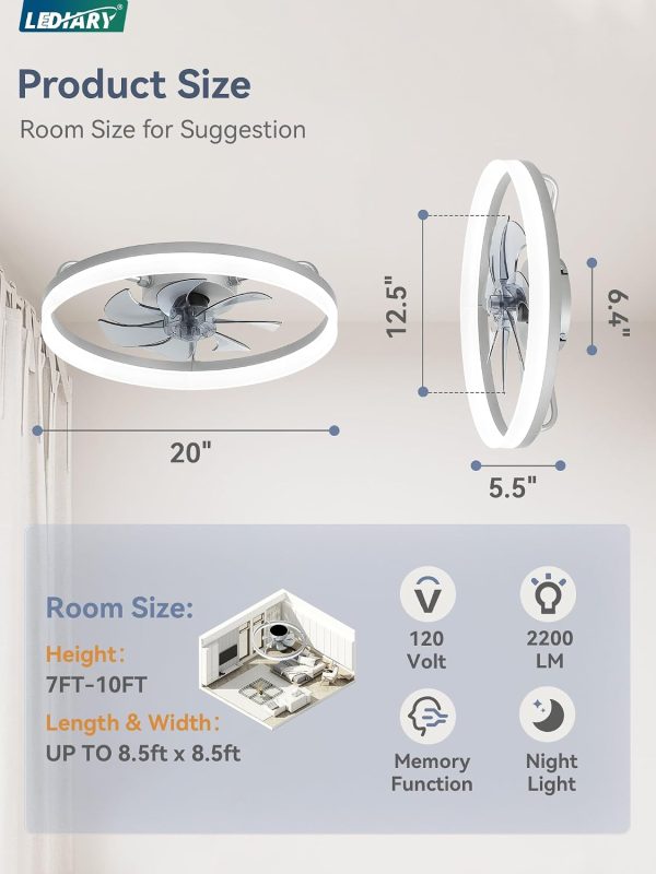 windphoto 20" Low Profile Ceiling Fans with Lights, APP & Remote, Grey | Flush Mount, Dimmable LED, Quiet DC Motor, Reversible, 6 Speeds, Fandelier, for Bedroom