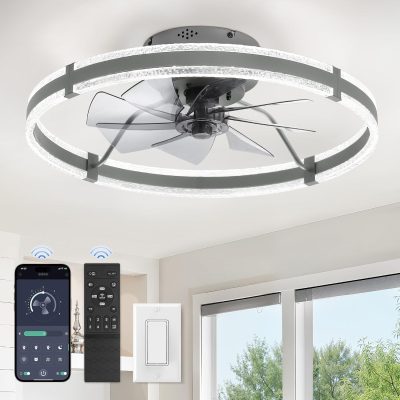 windphoto 24'' Modern Low Profile Ceiling Fans with Lights and Remote, Gray | 3000-6000K Dimmable LED, 6 Wind Speeds, Quiet Reversible DC Motor, Small Flush Mount Fandelier for Bedroom, Living Room