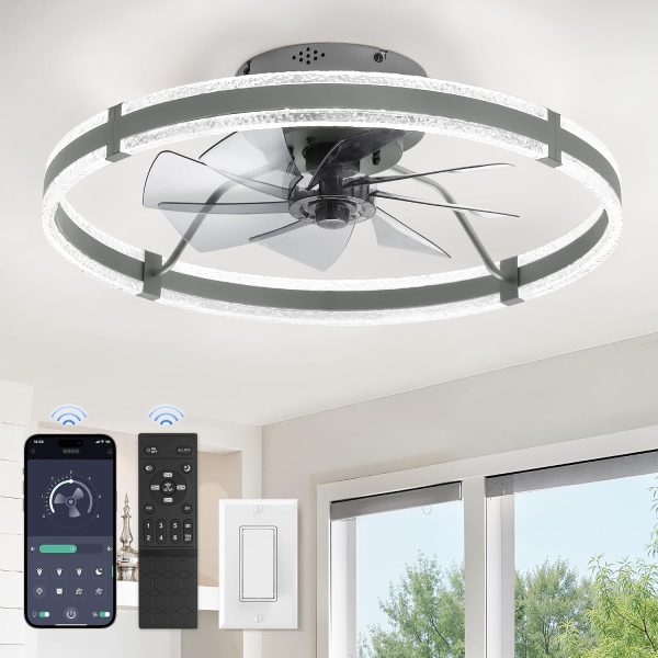 windphoto 24'' Modern Low Profile Ceiling Fans with Lights and Remote, Gray | 3000-6000K Dimmable LED, 6 Wind Speeds, Quiet Reversible DC Motor, Small Flush Mount Fandelier for Bedroom, Living Room
