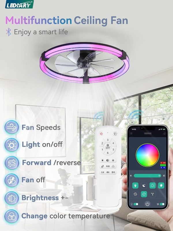 71jsPiL4-uL._AC_SL1500_.jpg windphoto Ceiling Fan with Light,23inch Low Profile Fandelier with Remote RGB | RGB,6 Speeds, Reversible DC Motor, Dimmable Flush Mount Fan Light, Modern fans for Bedroom